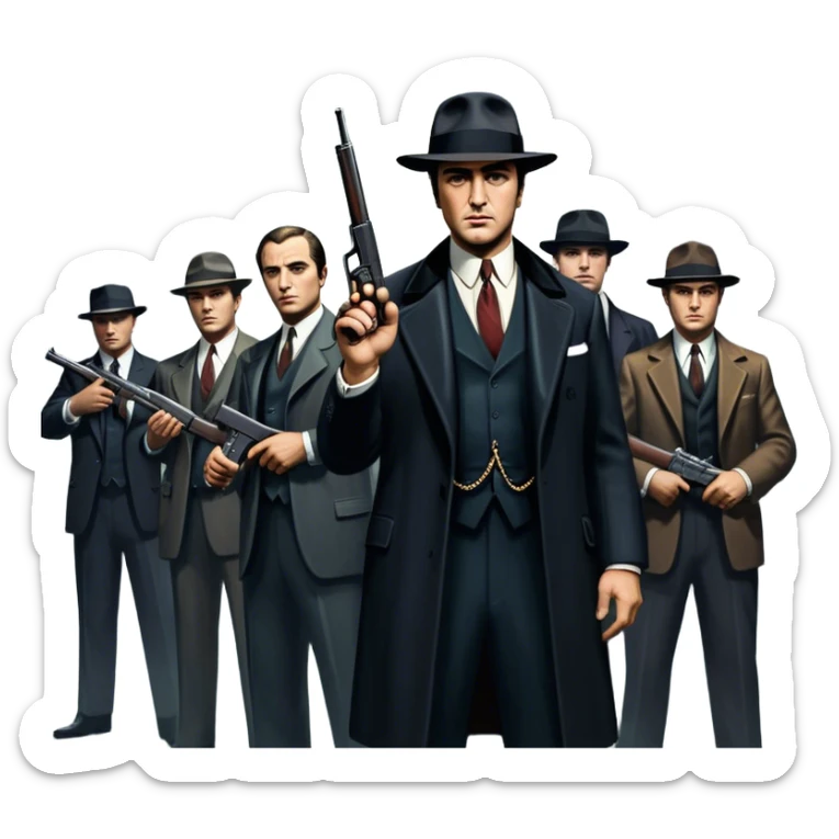 Vintage noir poster with Don Corleone surrounded by gangsters holding Thompson submachine guns. Dark and moody atmosphere with shadows, suits, and a mysterious vibe. Background features New York skyscrapers, adding to the gritty, classic gangster film feel. Transparent background. sticker
