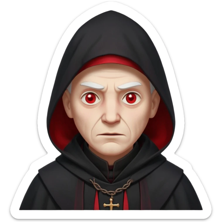 cursed village priest portrait, head and shoulders only, dark hooded robe, mysterious expression, subtle red accents, eerie glow, gothic village atmosphere, 3D cartoon, mobile game icon style, clean background, no text, no watermark

 sticker