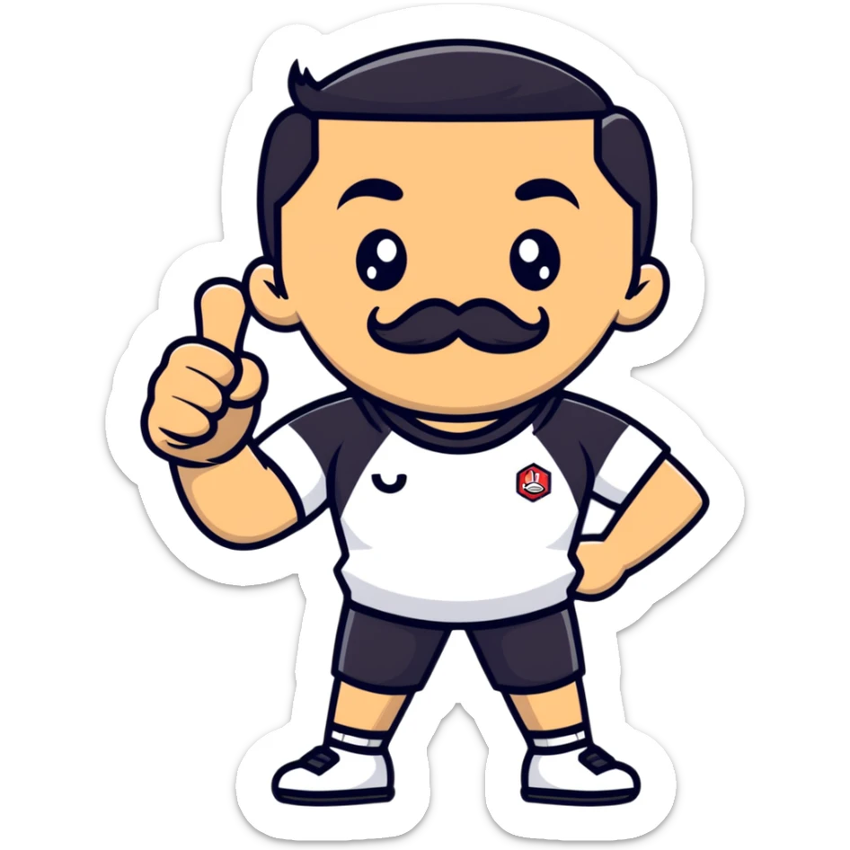 Recep İvedik in famous thumbs up pose, mustache, unibrow, wearing sportswear, exaggerated facial expression sticker