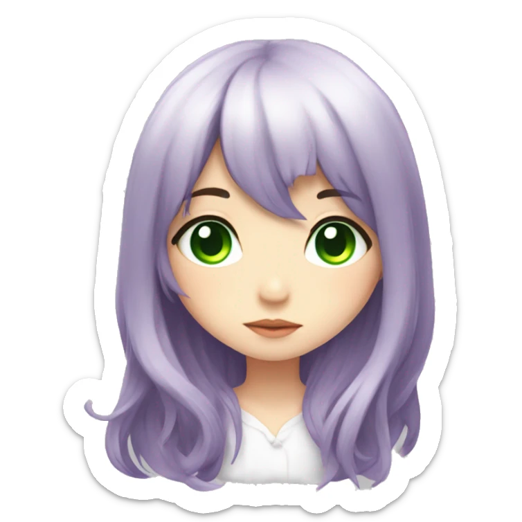 Purple long Haired women,the bangs goes up, white blouse,  green eyes, anime, chibi sticker