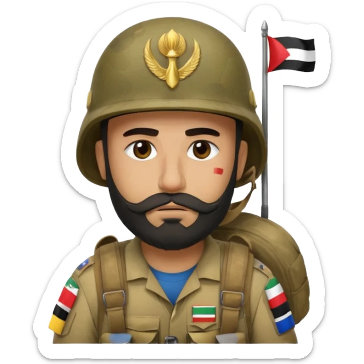 A very tired and sad, swarthy Iraqi soldier with a beard, an Iraqi flag on his helmet, a sad expression and bags under his eyes sticker