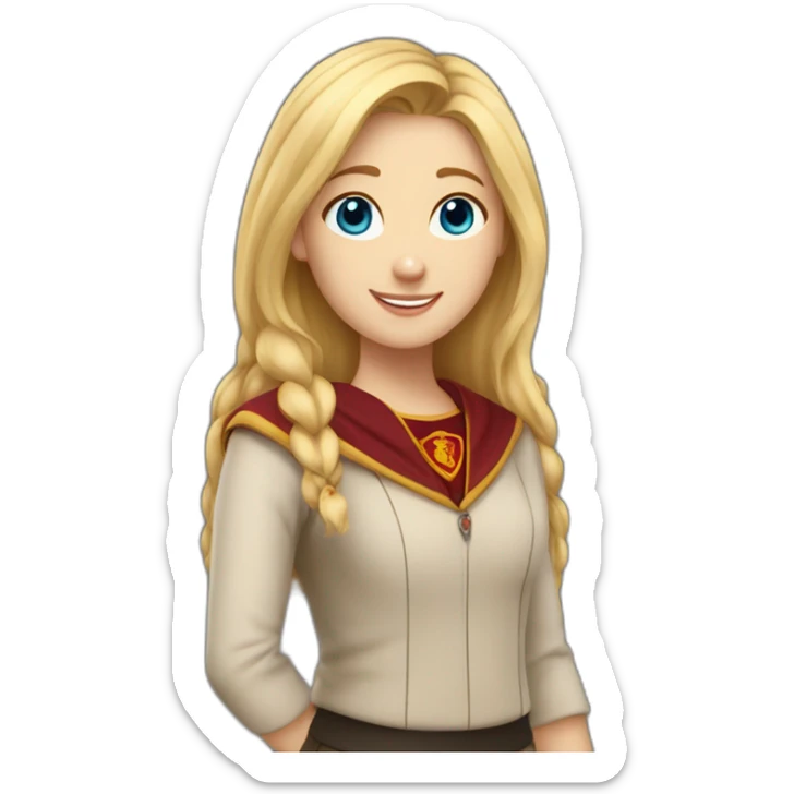 Emoji of a blonde girl with blue eyes, who is studying at Gryffindor House, expressing happy sticker