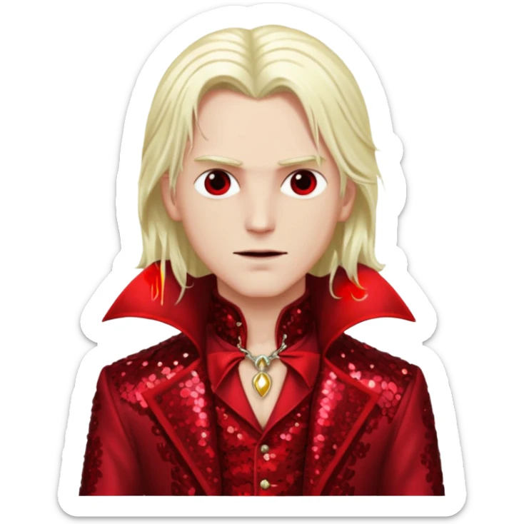 Alucard, Son of Dracula with long platinum blonde hair, dark red sequin outfit  sticker