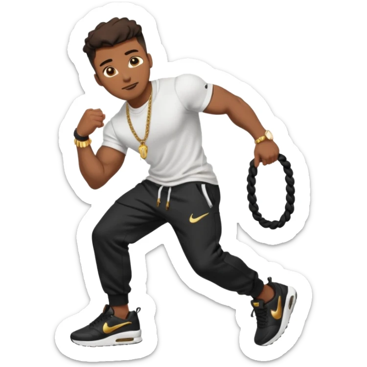 Handsome Black guy with brown skin tone, with muscular build, wearing black sweatpants, a white t-shirt, black Nike air max, a small gold rope chain, and a gold watch  sticker