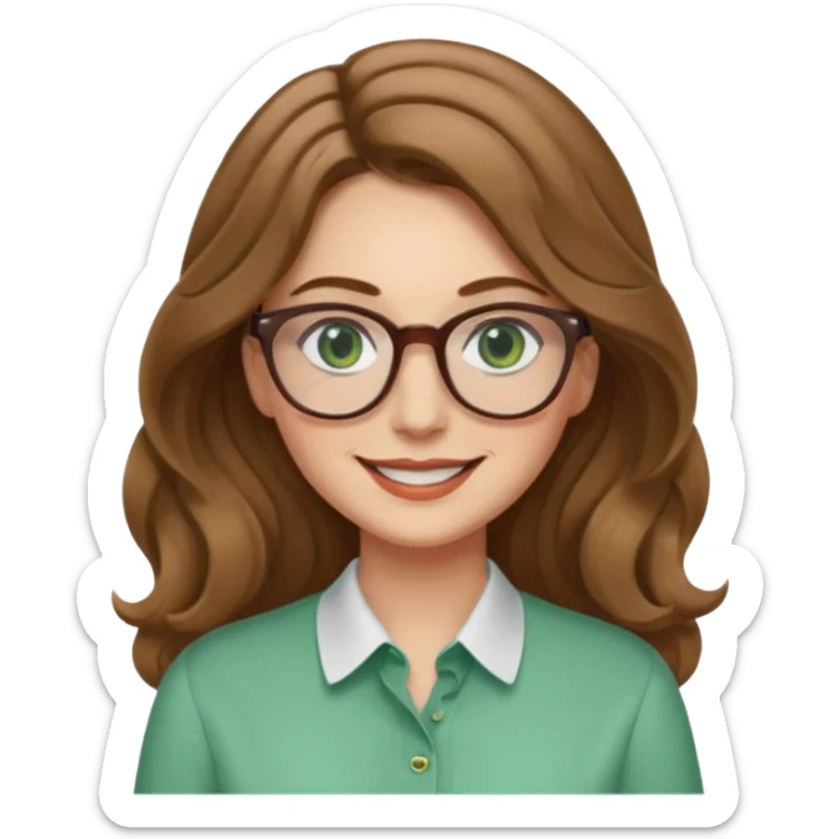 long wavy light brown hair woman with green eyes and glasses smiling closed mouth. middle part hair. medium thick eye brows sticker