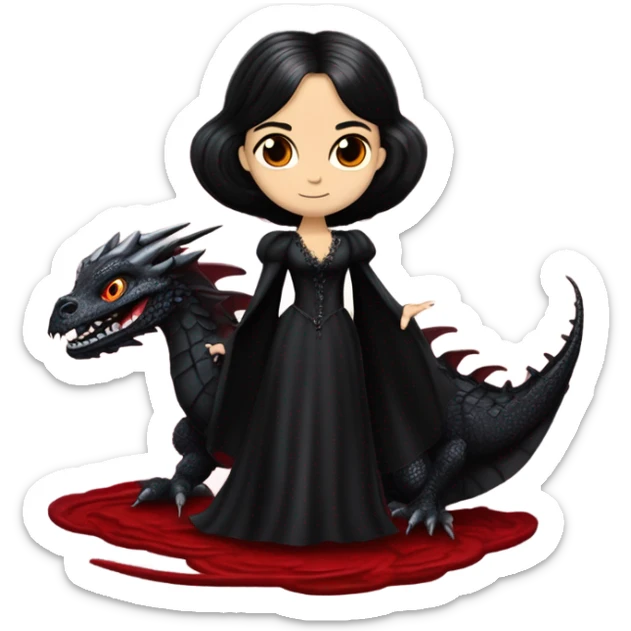 Lavish Victorian evening gown with gloves, Jenna Ortega as Morticia Addams Jedi wearing a mini tiara, riding on the back of a very large blood red evil-looking horned firedragon sticker