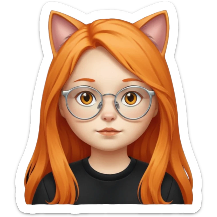 girl with chubby cheeks, very long orange hair, and silver cat-eyed glasses. B lack clothes.  sticker