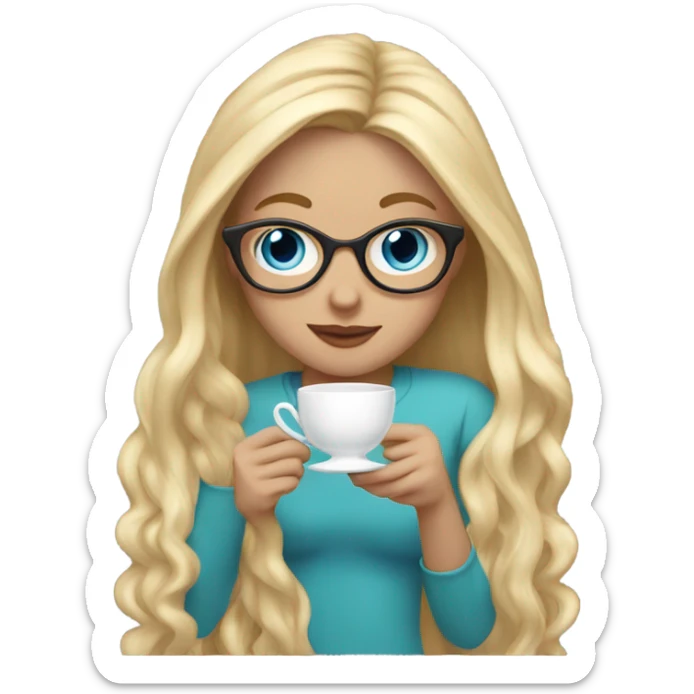 Girl with long blonde hair and blue eyes and glasses sipping tea sticker