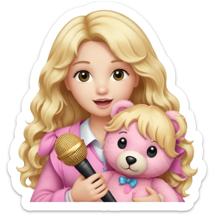An emoji of a blonde female singer holding a plush pink teddy bear. She has long, wavy golden hair and is singing into a microphone with a passionate expression. The pink teddy bear is soft and fluffy, adding a cute and playful touch. A mix of glamour and sweetness sticker