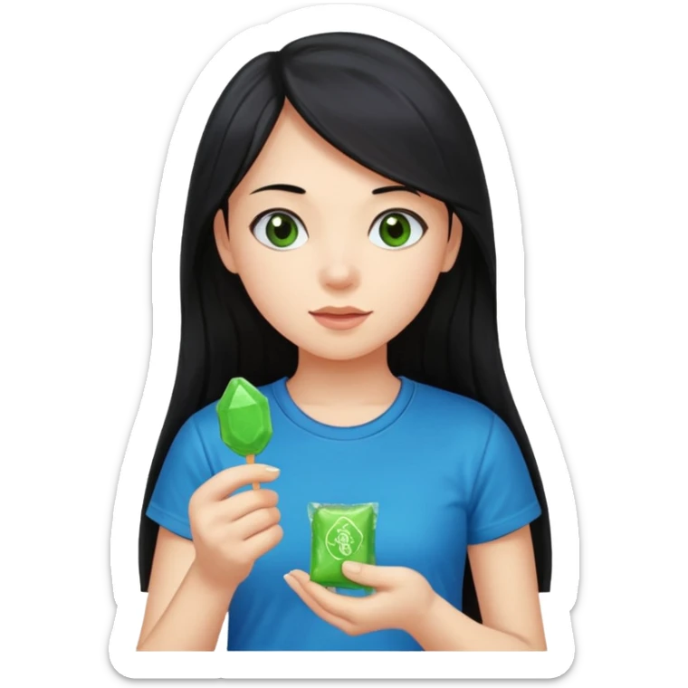 A girl with long black hair wearing a blue t-shirt holding a piece of green hard candy in one hand and a green candy wrapper showing a guava on it in the other hand sticker