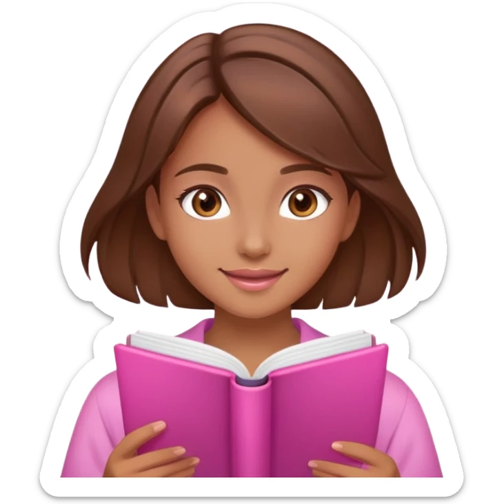  happy beautiful girl brown hair that is more valuable then corals studying with a cute pink aura behind here  sticker