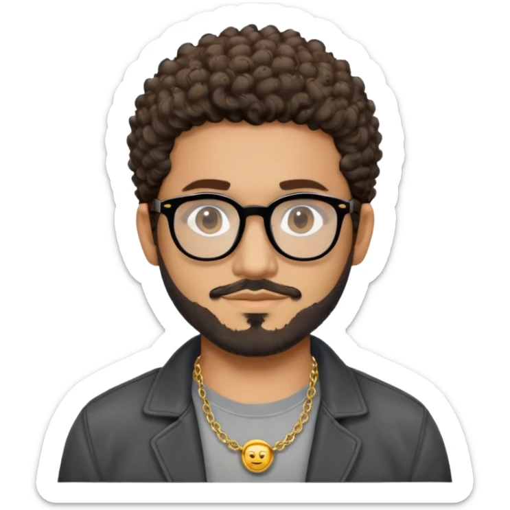 Hombre latino piel marron claro, cara ovalada, gafas redondas oscuras, barba corta, pelo corto rizado. Sonrisa leve, expresión tranquila. Camiseta gris, jacket negro abierto, collar dorado sticker