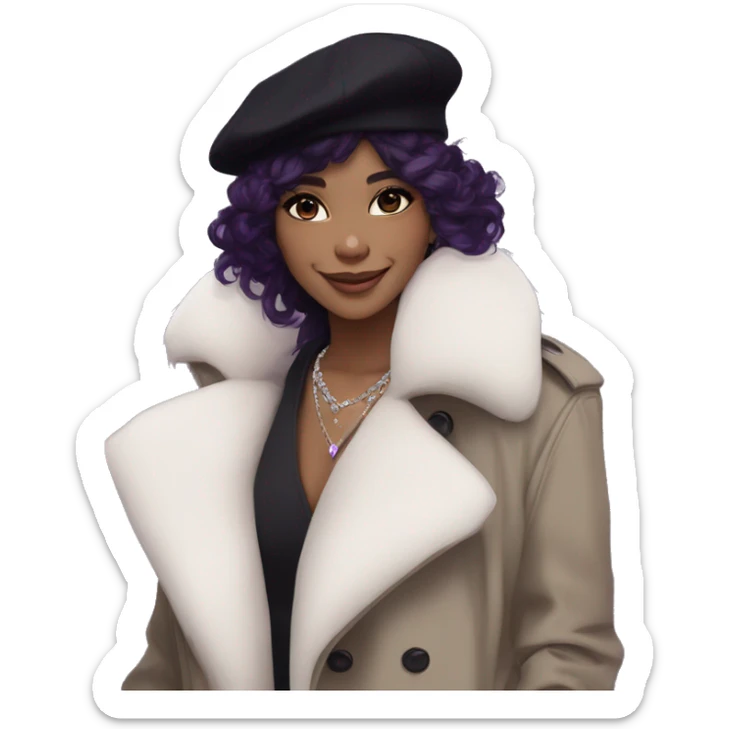 black hair, pale skintone, long messy hairstyle, beret hat, purple eyes, smile, long black trench coat with white fur around the neck, purple crystal earrings, purple crystal necklace sticker