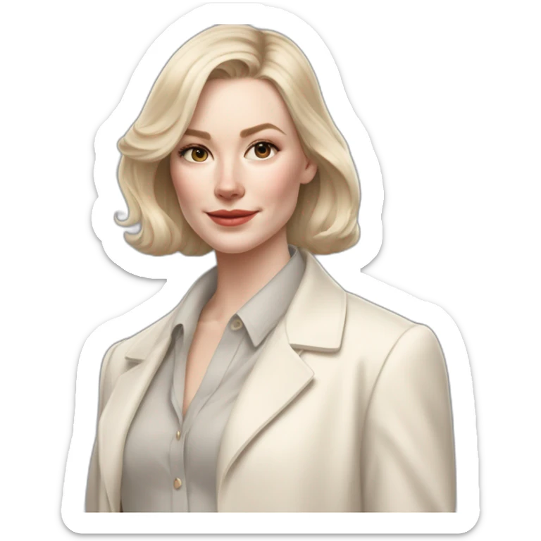 pale skin woman with ash blonde Straightened bob Hair, White Spacious classical jacket, beige palazzo Arrow pants and gray blouse holding white IPhone 15 pro in the hands sticker