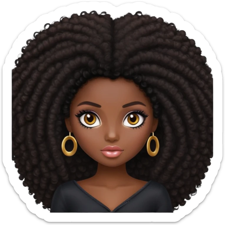 pretty bratz girl, dark black skin, dark big brown afro, dark brown eyes, black eyeliner, deep black skin sticker