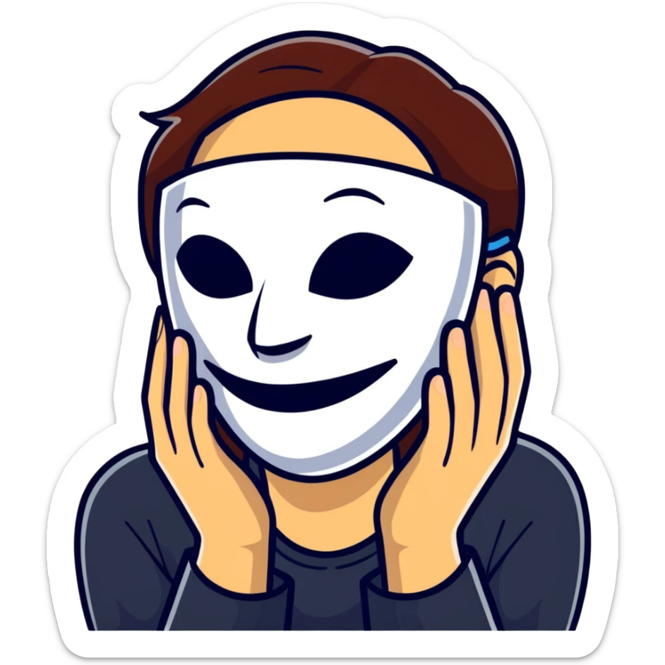 person holding a happy mask in front of their face, sad behind it sticker