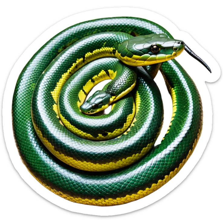 A photo-realistic top-down view of a Green Anaconda tightly coiled in a spiral, with its broad, flat head resting at the center. Its thick, muscular body is olive-green and covered in symmetrical, bold black oval spots that stand out against its smooth scales, creating striking natural camouflage. sticker
