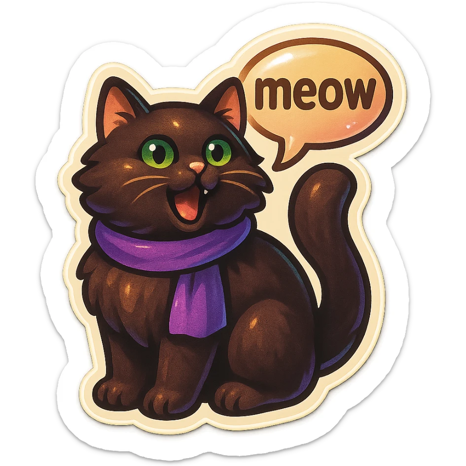 Fluffy meowing cute dark-brown cat with green eyes and a purple scarf saying ‘meow’ (with a speech bubble) sticker