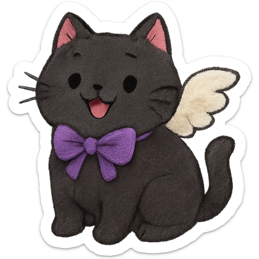 Add small angel wings to the cute chubby cat with a purple bow, black fur, and a playful expression. Keep the background transparent. The style should match the original image's look. sticker