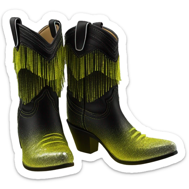Realistic neon yellow to black ombre pair of fashion cowgirl boots with sparkly shiny glitter fringe on them. sticker