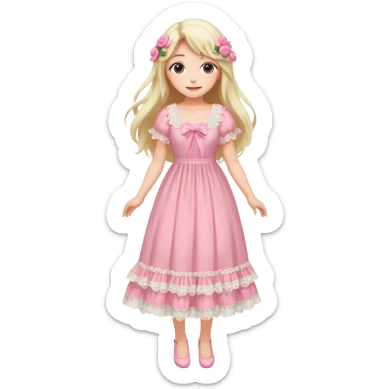 pastel anime woman with pink and white lace cottage dress full body and long hair with roses sticker