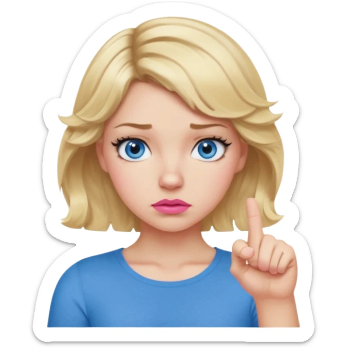 Girl Blonde short wavy hair,  blue eyes, cute blue top, long lashes, pink lips, thumbs down  sticker