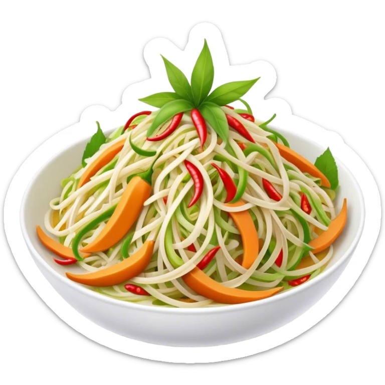 Cinematic Realistic Som Tam (Papaya Salad) Dish Emoji, featuring a spicy, tangy salad of shredded green papaya with chili and lime rendered with crisp textures and bright, lively lighting. sticker