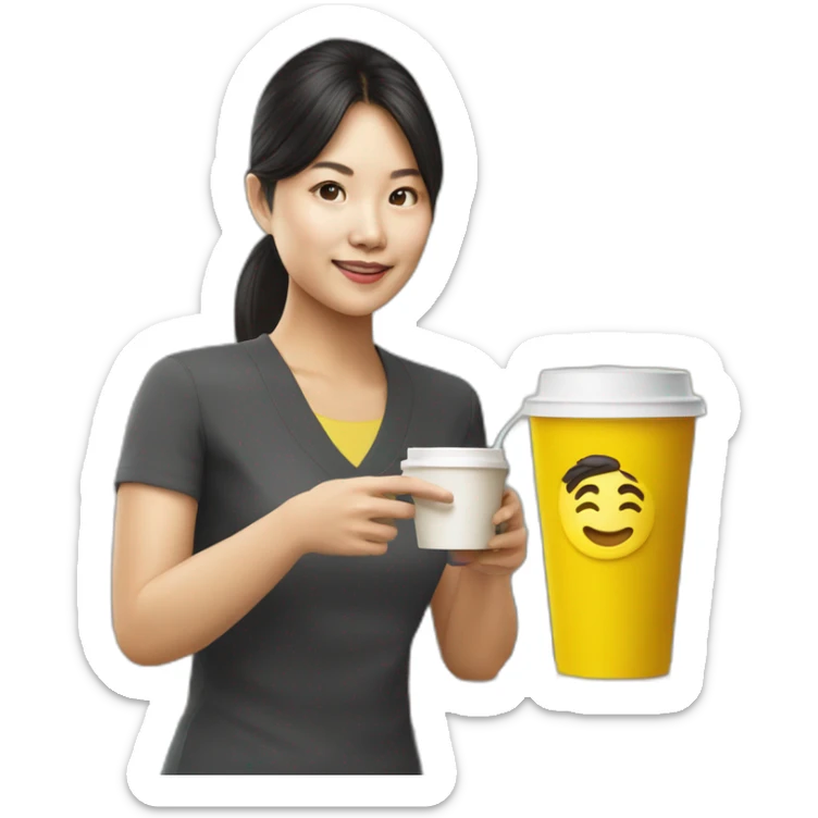 singaporean woman product manager with coffee in a yellow takeaway cup sticker