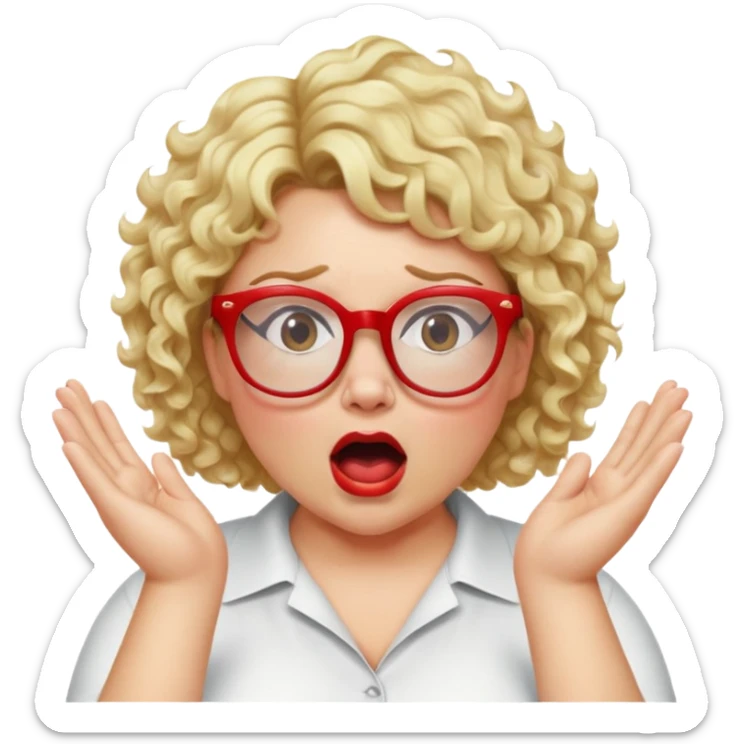 Blonde woman with short curly hair, slightly overweight, wearing glasses with red frames, shouting with hands on each side of her mouth sticker