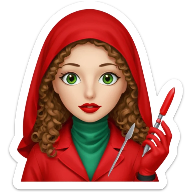 Lilith symbol sexy evil woman. She has green eyes.  had brown long curly hair.  evil surgeon kills with scalpel wears red sexy doctor coat with red mouth cover red gloves. Covers nose, neck  and mouth with Muslim red berka sticker
