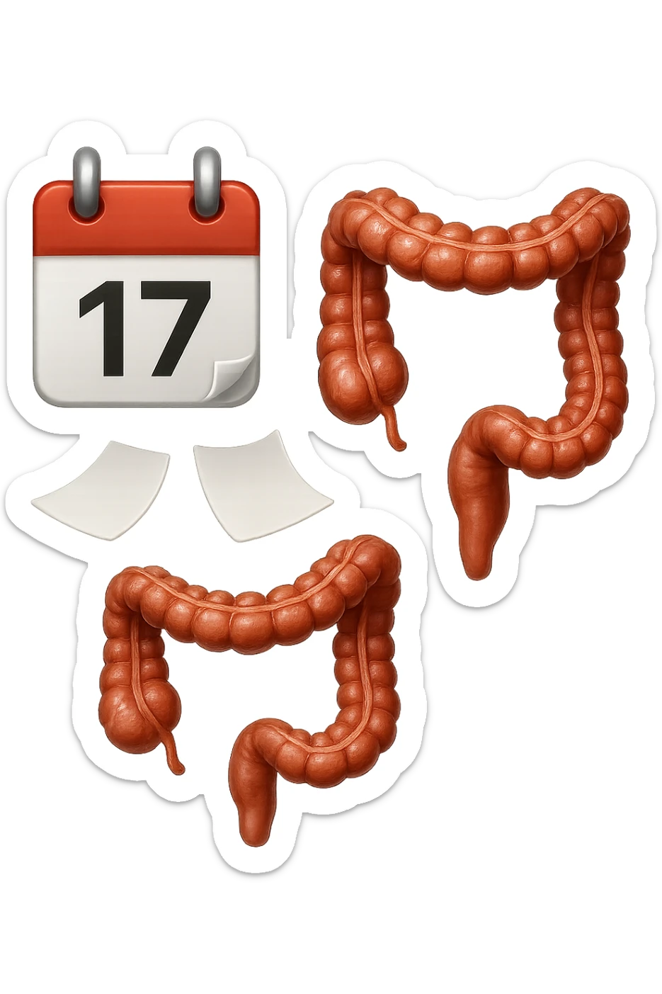 emoji stile iphone di un calendario con fogli che volano insieme a pezzi anatomici di colon umano, iperrealistico 4k, isolato su sfondo bianco sticker