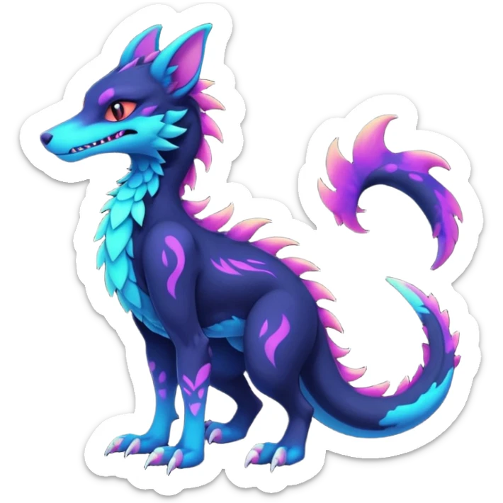 Kawaii dark edgy colorful abyssal vibrant neon glowing fantasy abyss-midnight-eline-vernid-sergal-fursona animal creature with a tufted tail full body with intricate markings  sticker