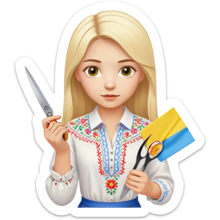 Ukrainian young girl with blonde hair in a white traditional embroidered shirt (vyshyvanka) holding scissors in one hand and colorful paper in the other hand sticker