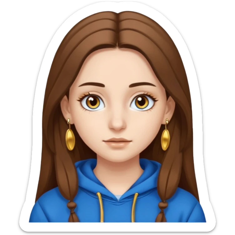 teen girl, white skin, long brown hair middle parted, brown eyes, blue hoodie eyelashes and gold earrings sticker