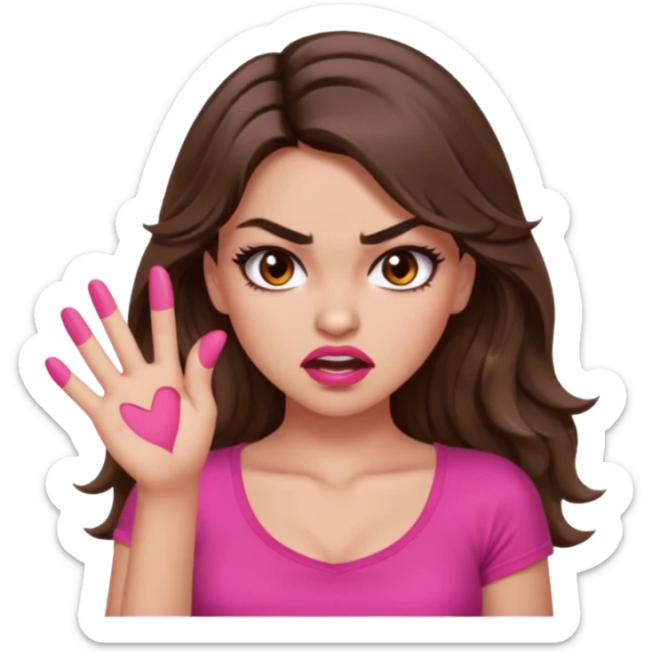 girl with long wavy brown hair, brown eyes, long lashes makeup, sexy pink lips, light to medium complexion, pink sexy top,slapping sticker