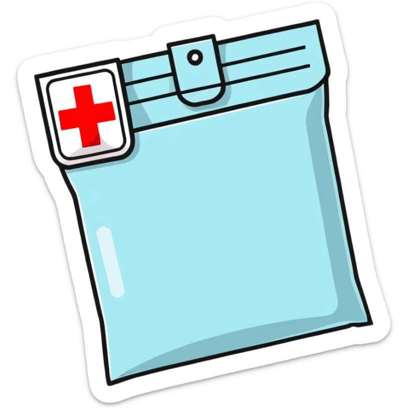 Discreet intimate health packet with red cross symbol and heart icon, sealed medical packet sticker