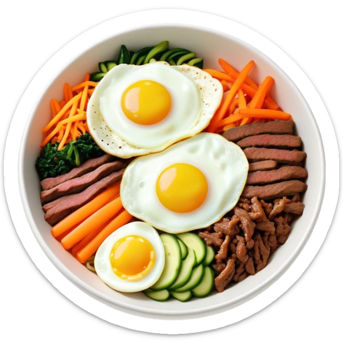 Cinematic Realistic Bibimbap Dish Emoji, showcasing a colorful bowl of mixed rice, assorted vegetables, beef, and a fried egg rendered with lifelike detail and vibrant, harmonious lighting. sticker