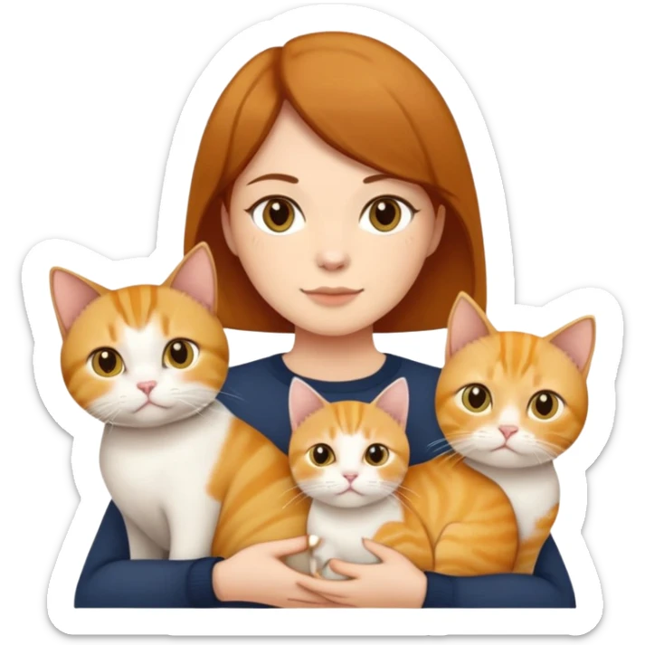 Straight short hair ear length in dark brown , skin tone honey . holding 3 cats - 1 ginger cat , 1yellow white cat , 1 British short hair in cream color cat which are all  same size  sticker