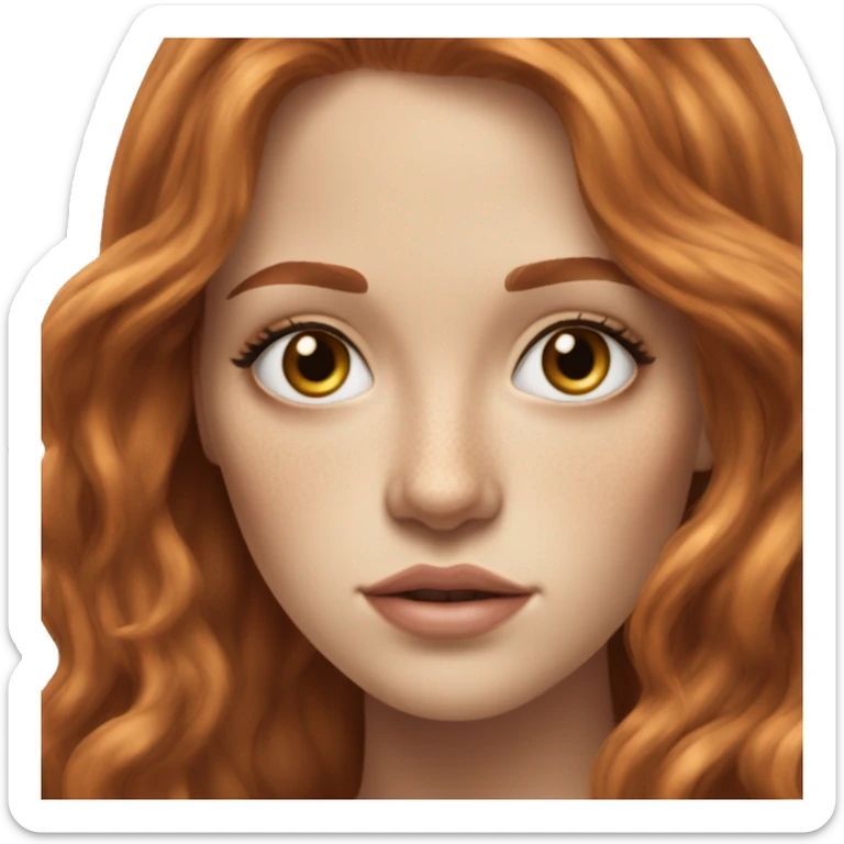 white youfg woman central heterochromia eyes small noe redhead long hair layers freckles brown lipstikck realistick sticker