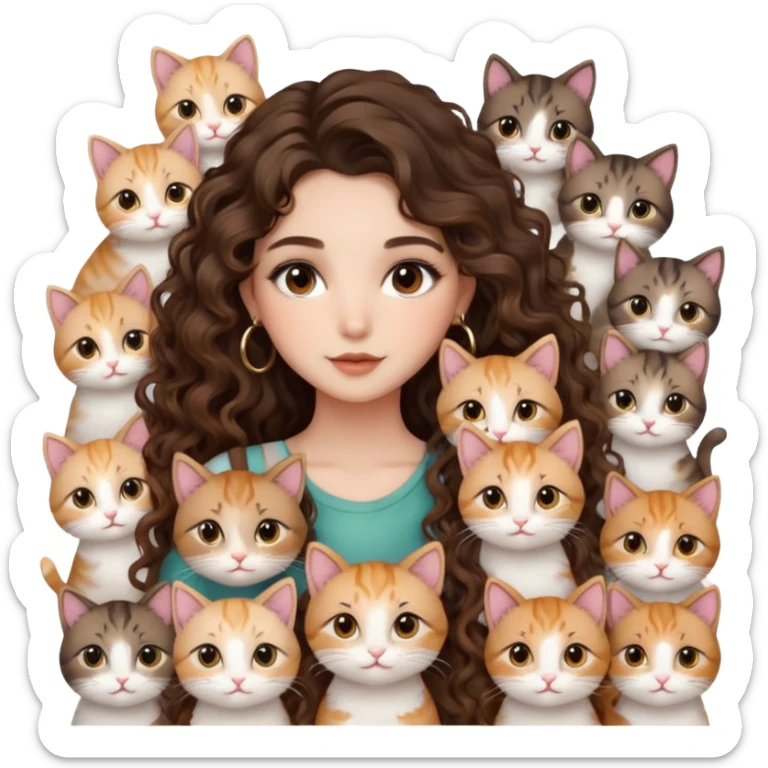 cute girl long brunette balayage curly/wavy not voluminous hair, brown eyes, hoop earrings, natural pretty clean makeup: surrounded by lots and lots of kitties sticker