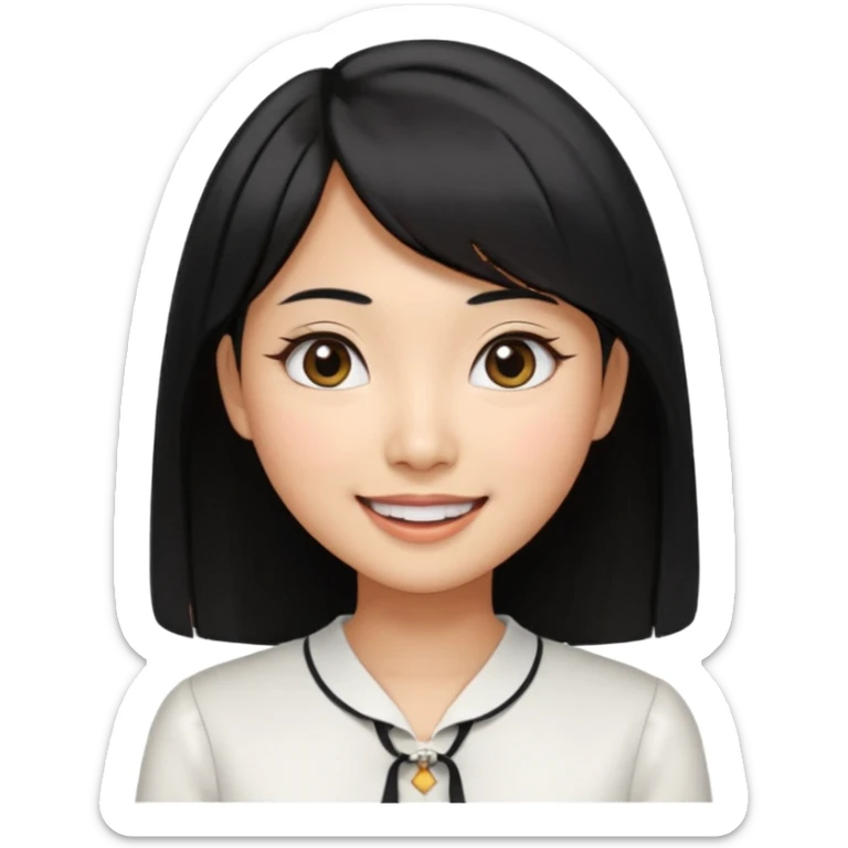 30 yr old asian woman center parted hair big eyes big smile tanned skin straight black hair hippie part hair white blouse shoulder length hair middle parted hair few short bangs at front sticker
