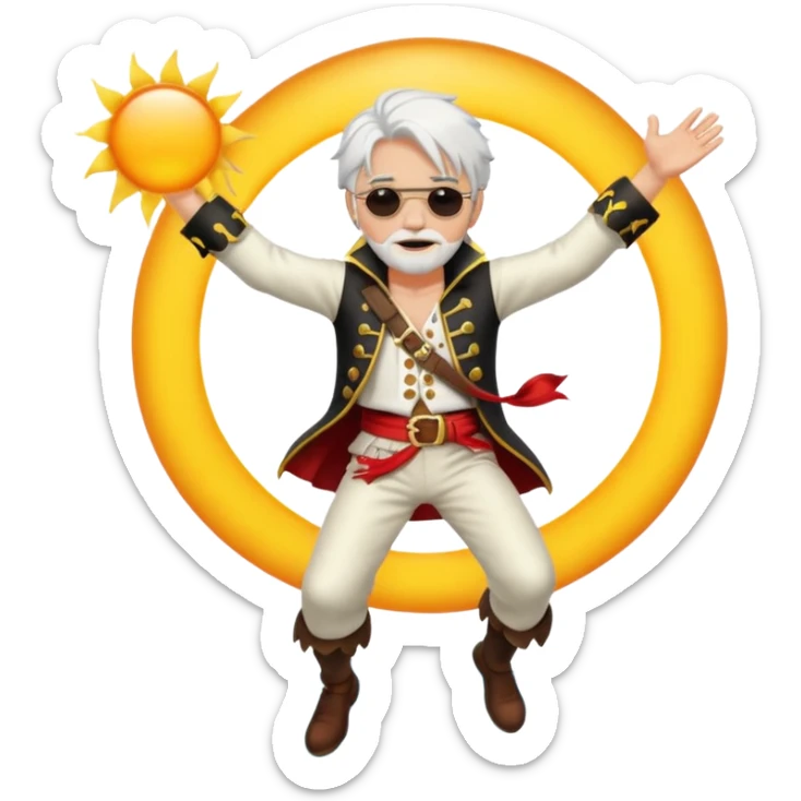 the king of the pirates with white hair and clothes jumping in front of the sun sticker