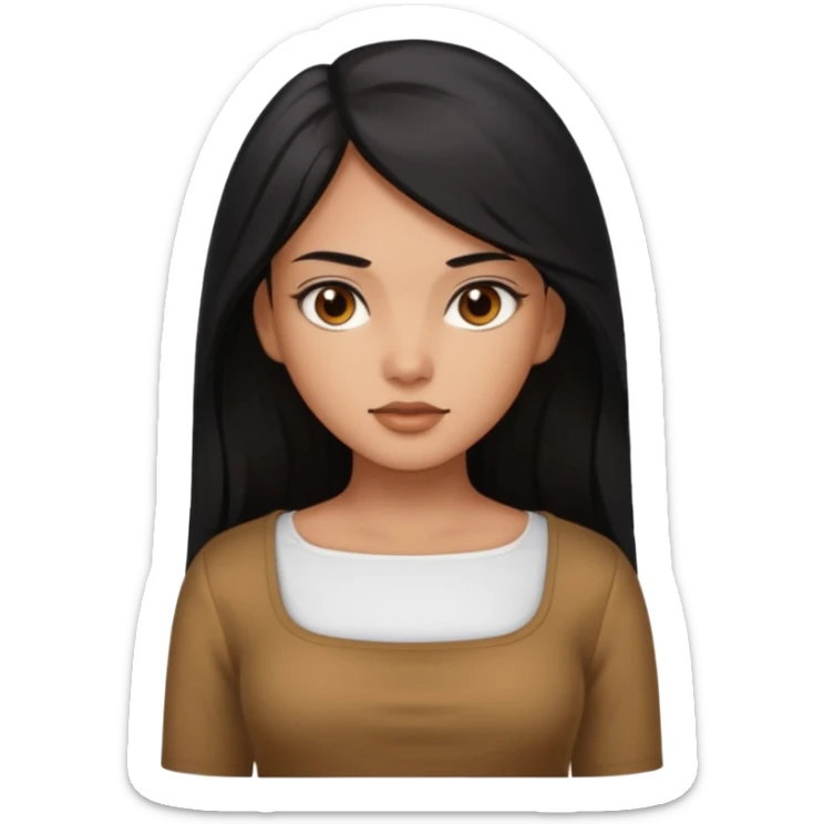 A deep skin girl (deep skin is caramel color not dark) with long black hair swept to the front and a square neckline shirt and brown eyes sticker