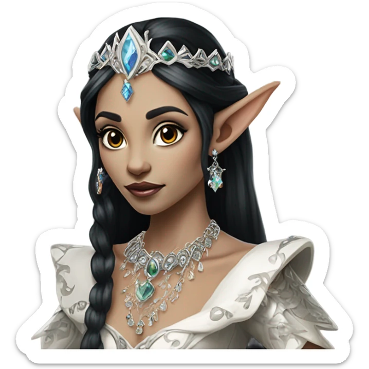 elf princess with pointy ears, white skin, black hair with jewellery sticker