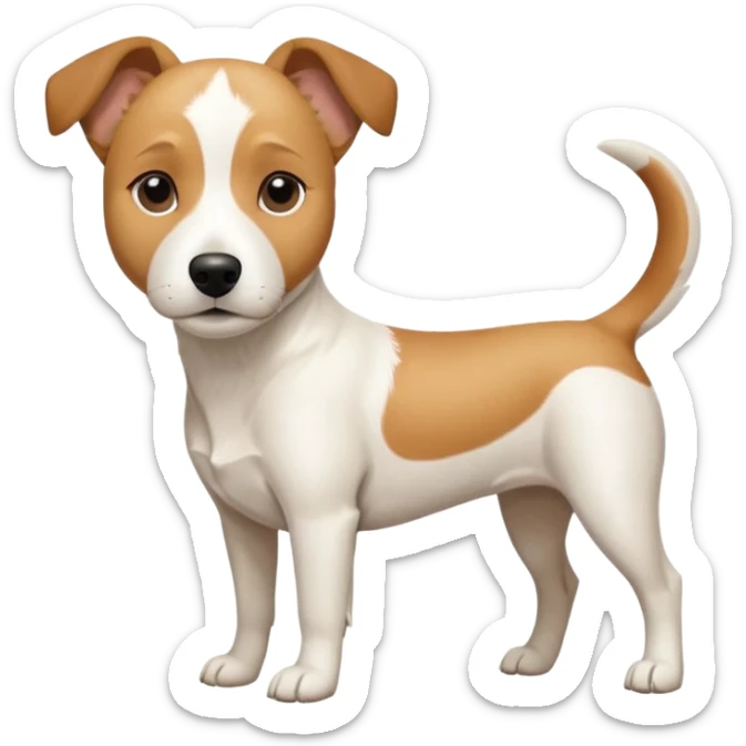 a full body facing front on of a buff white beagle cross jack russell terrier looking dog the size of a kelpie with light brown long ears resting on its face and a light brown patch above one eye and a large snout. the rest of the dog is completely white.  sticker