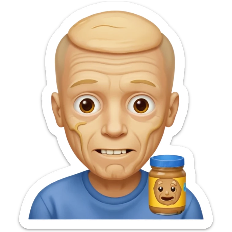 White man, barely any hair, lots and lots of wrinkles, bad yellow teeth, and peanut butter. Cerebral palsy sticker