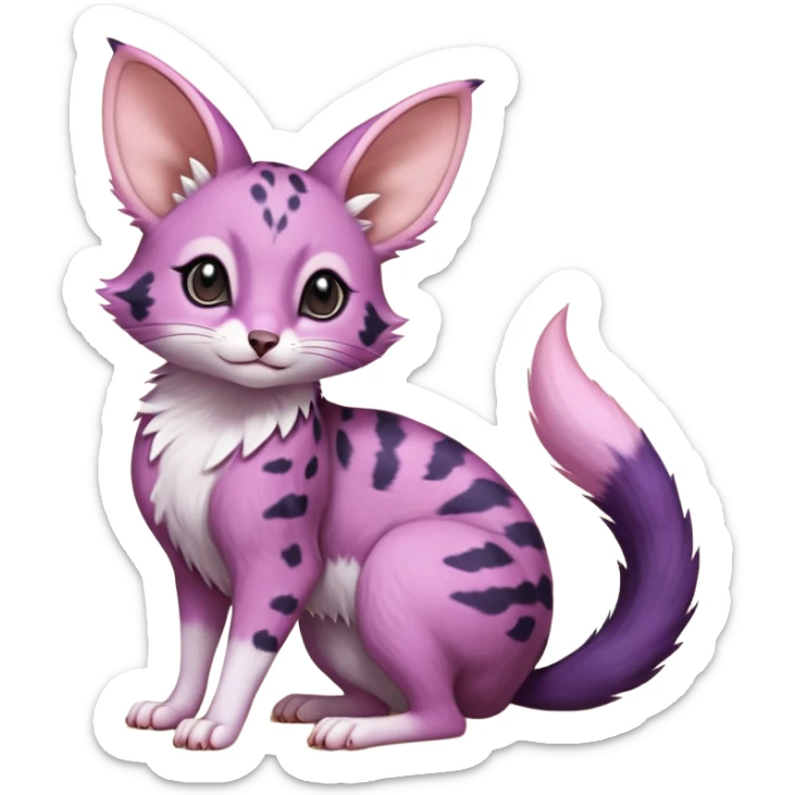 Magenta, purple-pointed, soft realistic romantic vintage antique divine beautiful elegant pretty precious cute young youthful  Fakémon-Pokémon-opossum-feline-mouse-serval-caracal-chinchilla-Minccino-Cinccino-Meowstic-rodent-hybrid-creature with a big fluffy bushy tail (full body) sticker