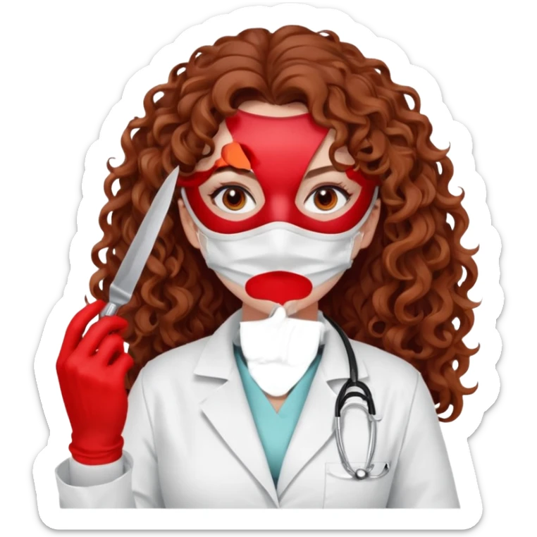 Scary woman scalpel in hand, evil surgeon sexy surgeon clothes.  She has red eyes. Her  brown long curly hair. Wears sexy doctor outfit with red gloves. make her hair free and brown but have mouthy  wear  mask  to hide. Wears white surgeon jacket and sticker