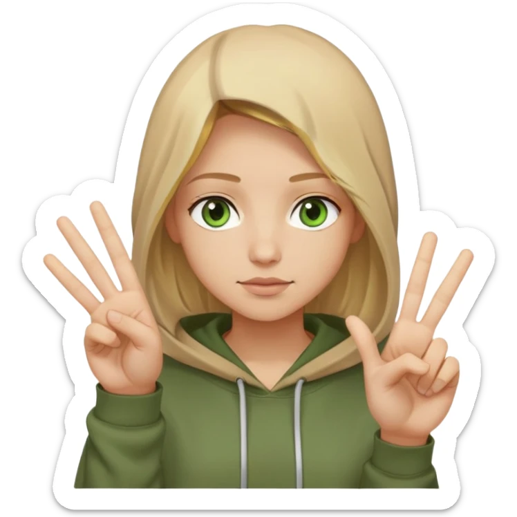 Blonde shoulder-length hair with a brown hoodie with a beautiful font, green eyes and a light skin tone, you should also see a hand that shows peace sticker