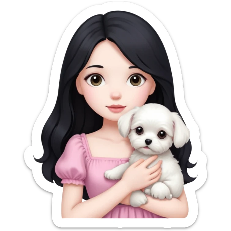 beautiful girl with long black hair wearing pink dress holding a white Maltese puppy sticker